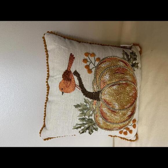 Adorable Embroidered Pumpkin and Bird Pillow Orange Green 12" x 12" - Picture 3 of 4